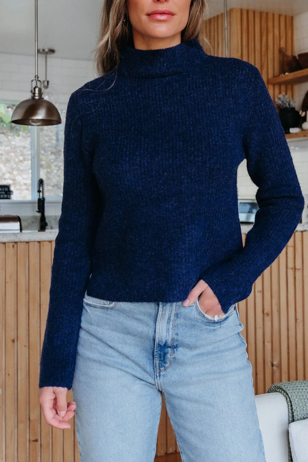 Navy Blue Mock Neck Ribbed Sweater