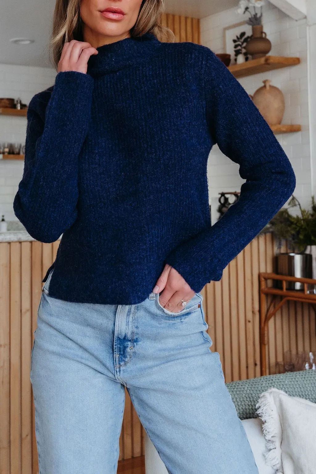 Navy Blue Mock Neck Ribbed Sweater