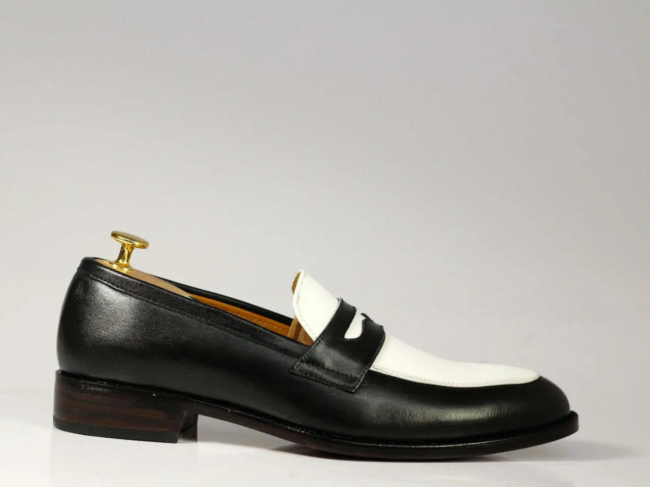 New Handmade Men's Black White Leather Penny Loafer Dress Shoes, Men Designer Shoes