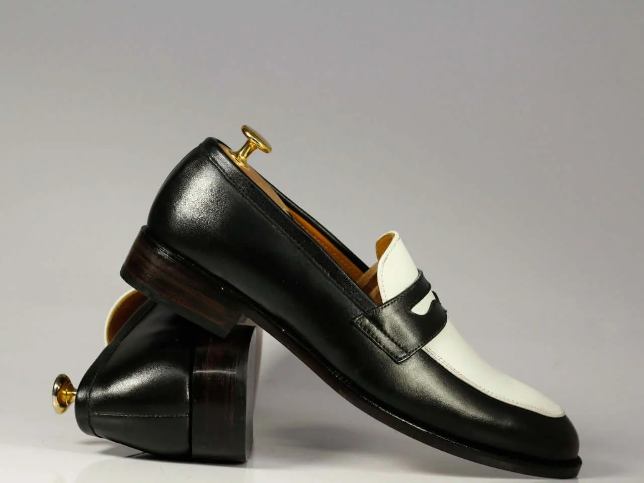 New Handmade Men's Black White Leather Penny Loafer Dress Shoes, Men Designer Shoes