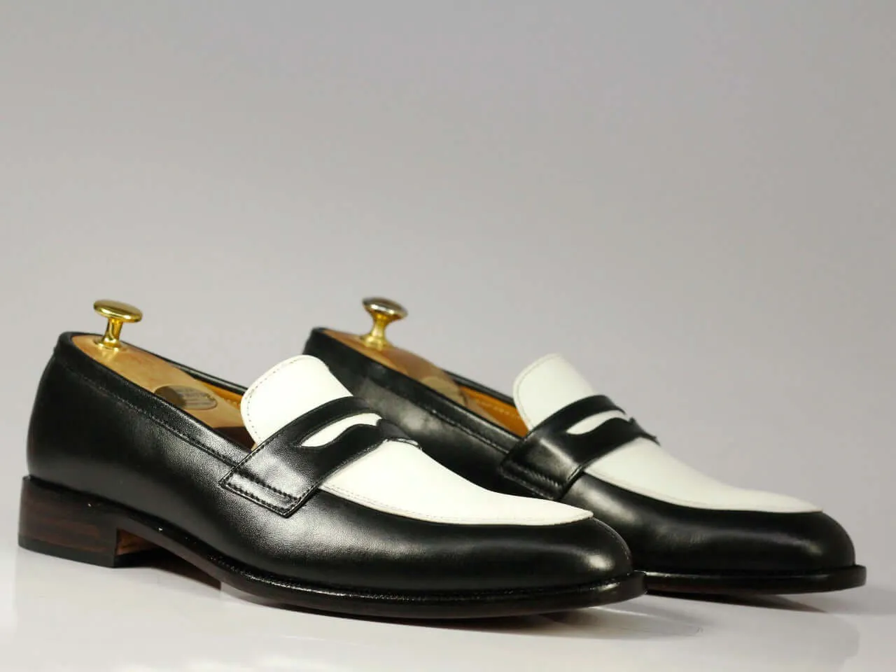 New Handmade Men's Black White Leather Penny Loafer Dress Shoes, Men Designer Shoes