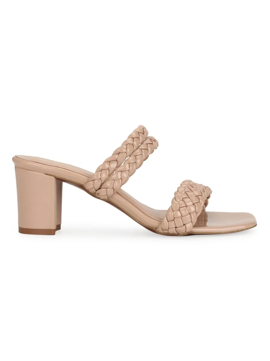 Nude Patent Braided Block Heel Mules