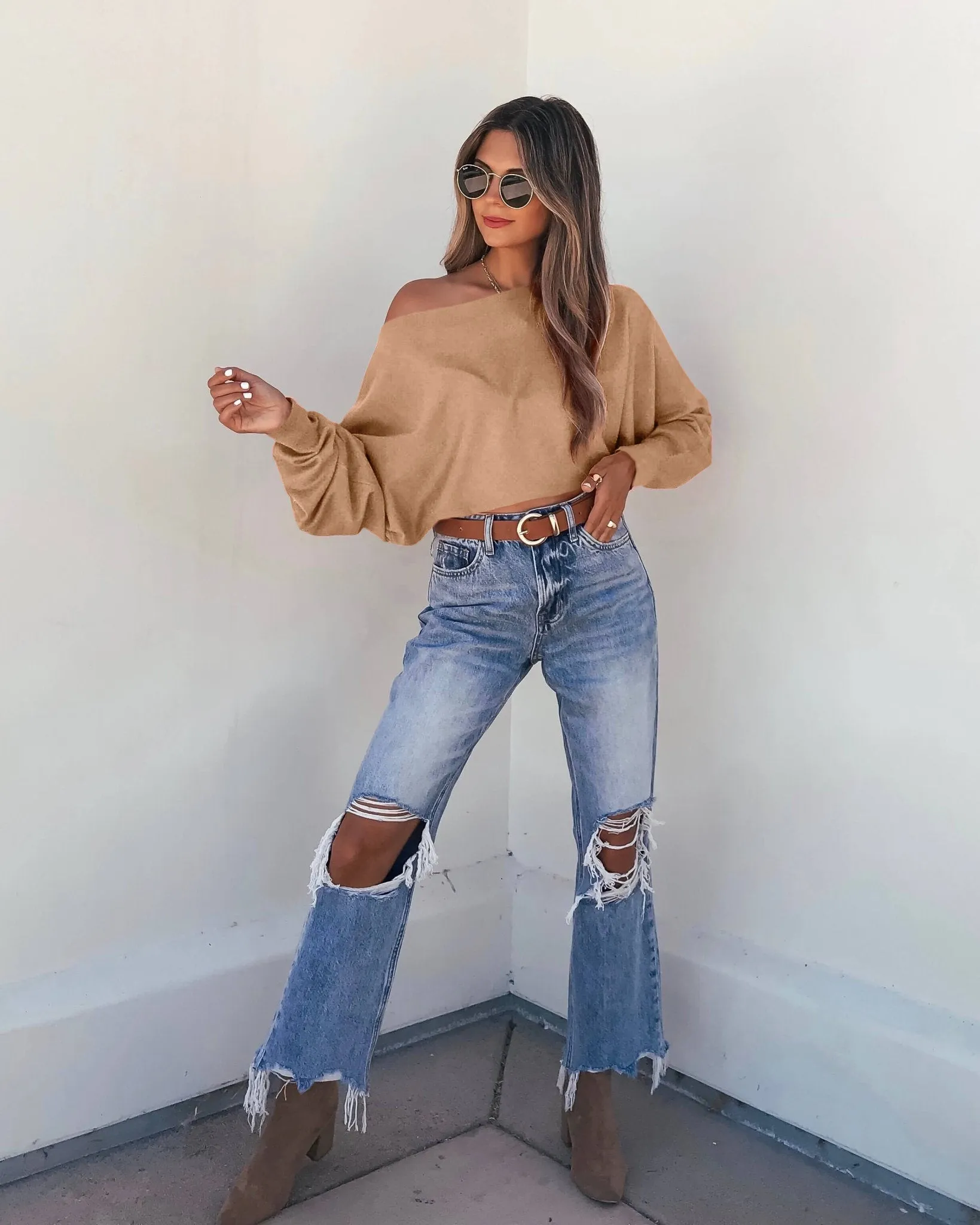 Off The Shoulder Cashmere Sweater - Camel