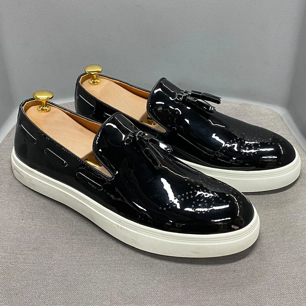 Patent Leather High-End Casual Men's Shoes Handmade Genuine Leather Tassel Loafers Men's Flat Versatile Fashion Leather Shoes Men's