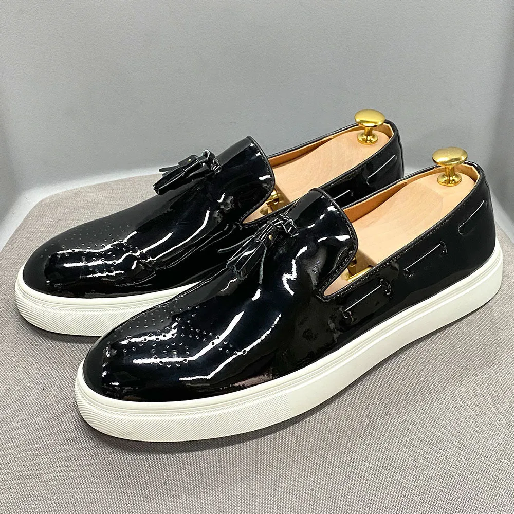 Patent Leather High-End Casual Men's Shoes Handmade Genuine Leather Tassel Loafers Men's Flat Versatile Fashion Leather Shoes Men's