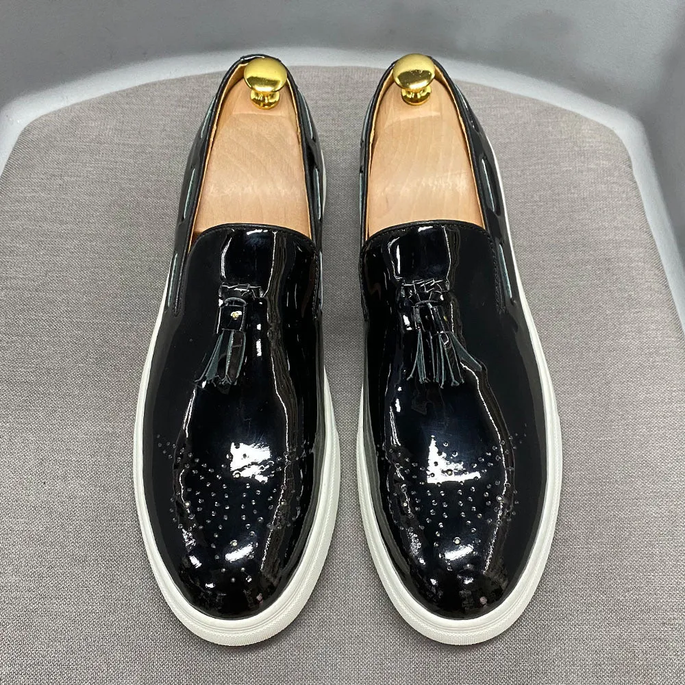 Patent Leather High-End Casual Men's Shoes Handmade Genuine Leather Tassel Loafers Men's Flat Versatile Fashion Leather Shoes Men's