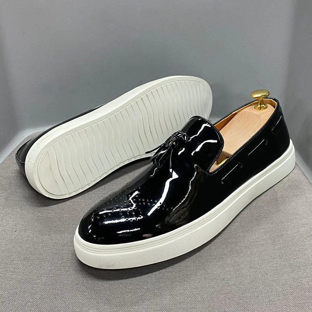 Patent Leather High-End Casual Men's Shoes Handmade Genuine Leather Tassel Loafers Men's Flat Versatile Fashion Leather Shoes Men's