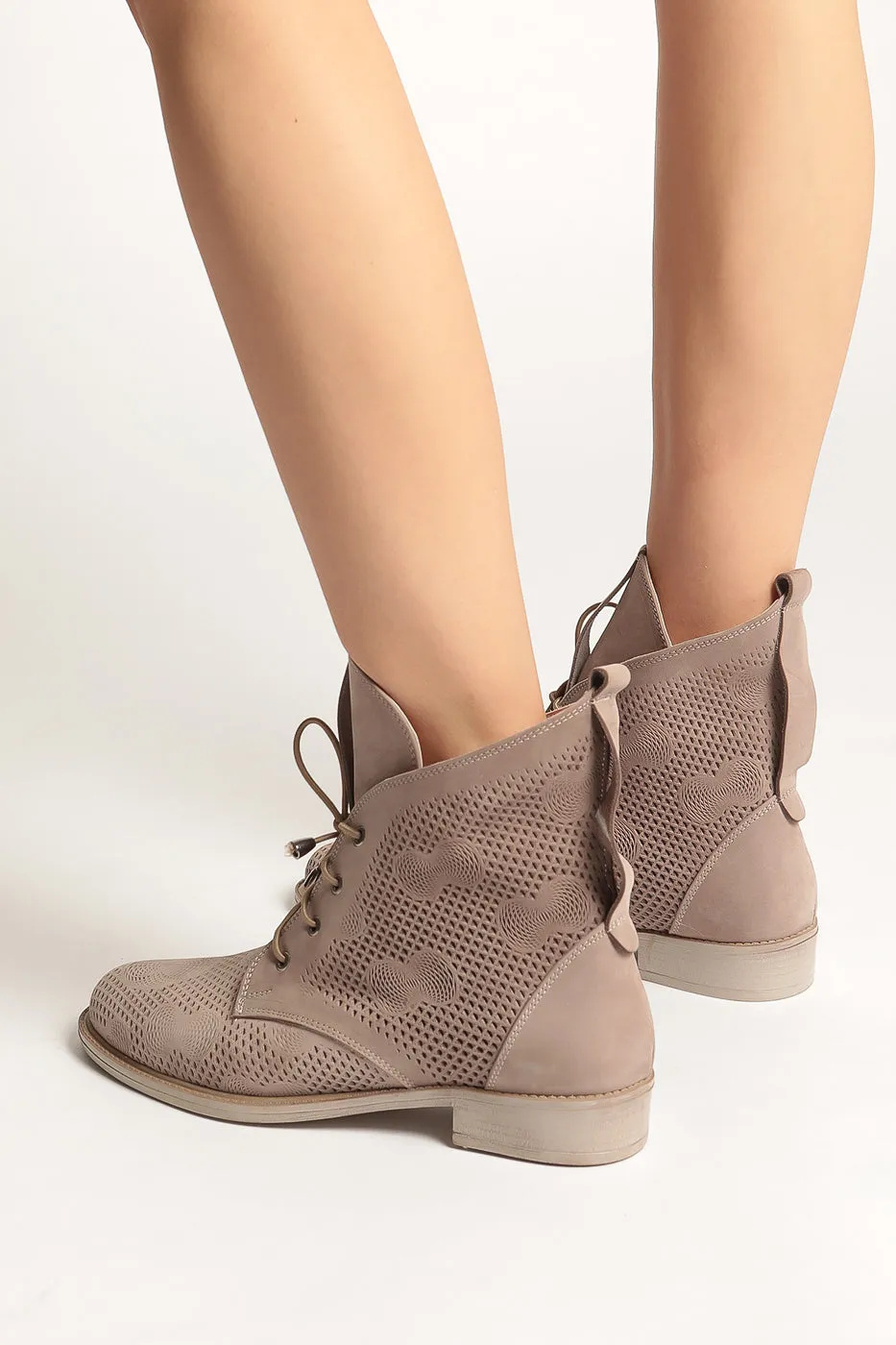 Perforated Leather Ankle Boots - Beige