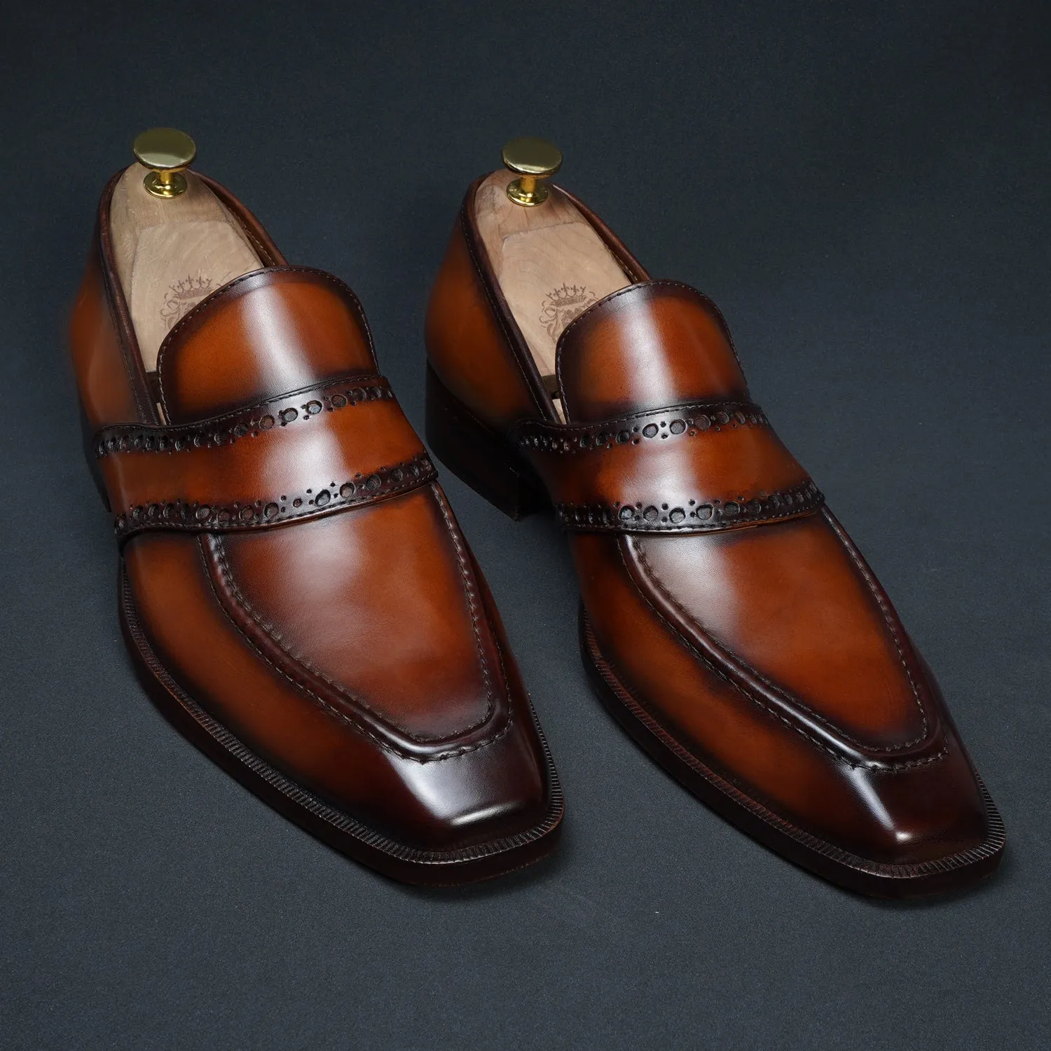 Punching Brogue Strap Loafers Burnished Cognac Leather Slip-On Shoes