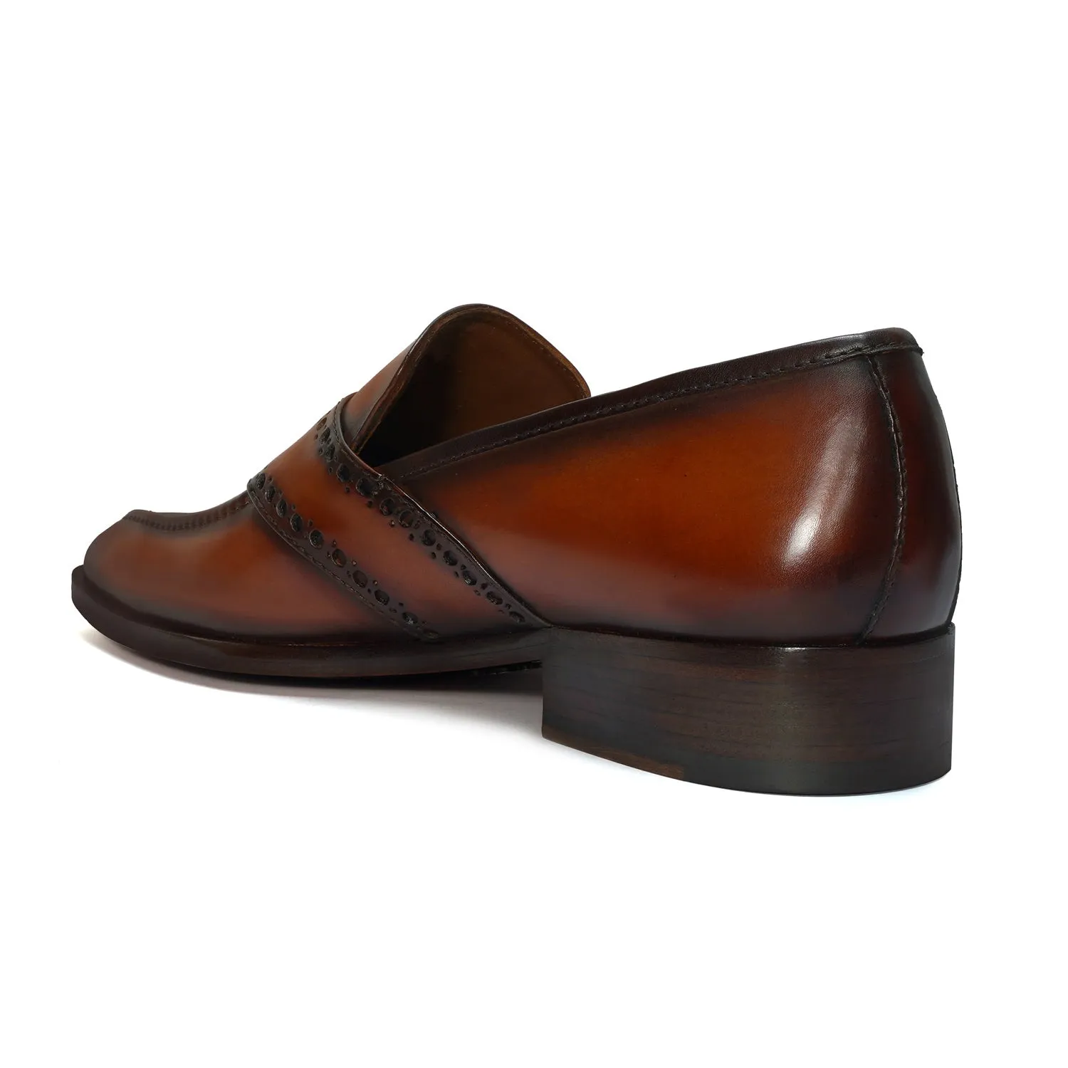 Punching Brogue Strap Loafers Burnished Cognac Leather Slip-On Shoes