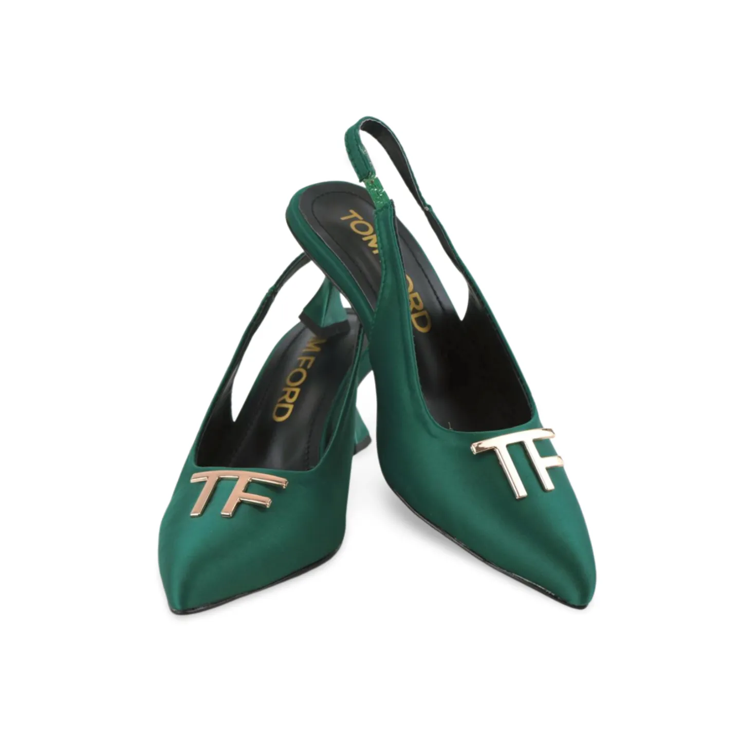 Purple and Green Satin Slingback Heels with Gold T-Logo Buckle