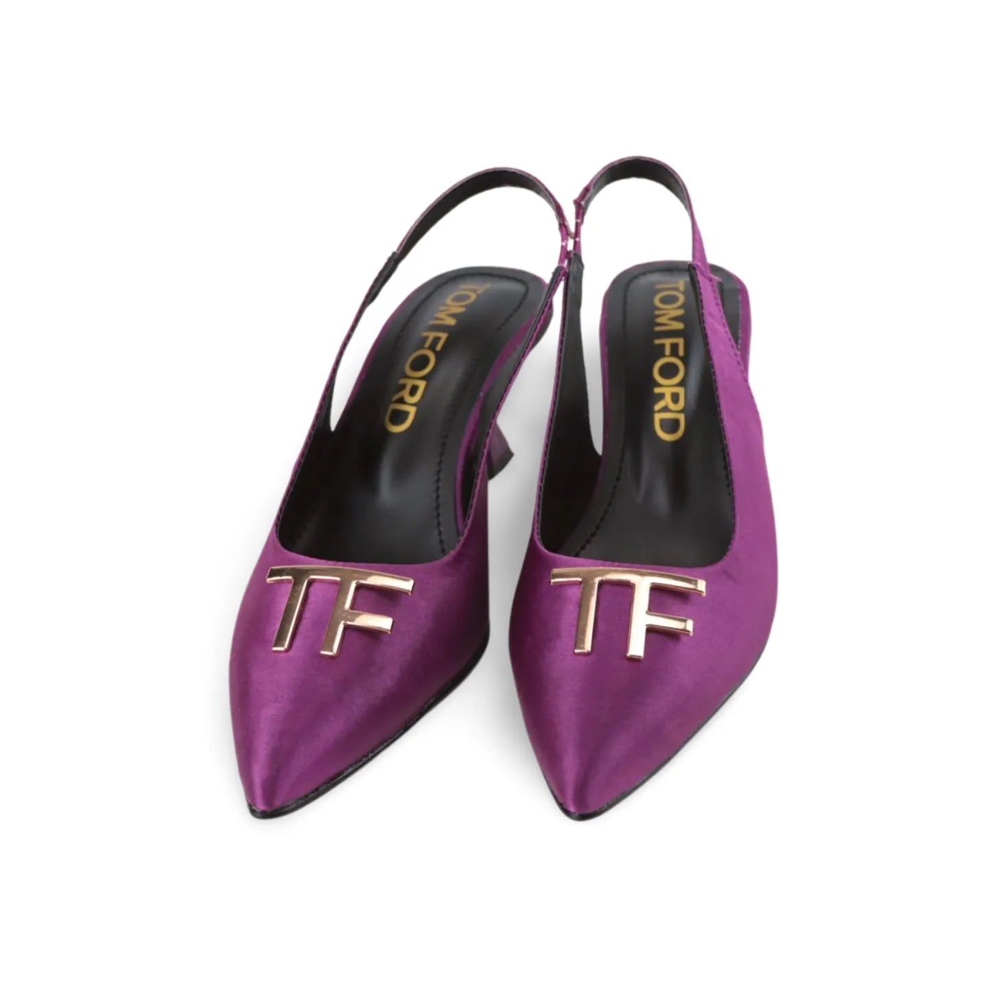 Purple and Green Satin Slingback Heels with Gold T-Logo Buckle