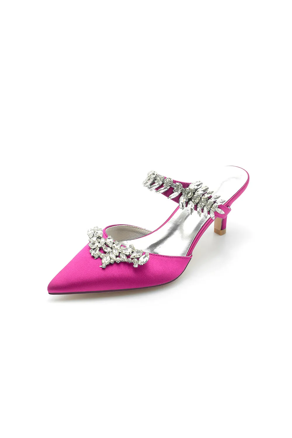 Satin Pointed Toe Mules with Crystal Rhinestone