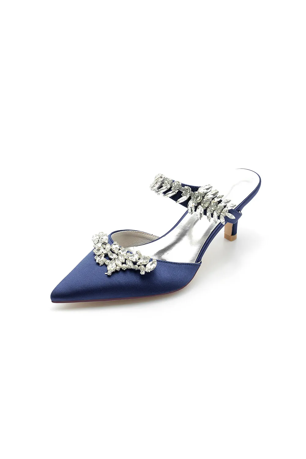 Satin Pointed Toe Mules with Crystal Rhinestone