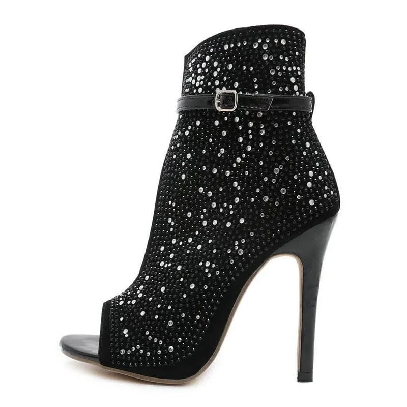 Sparkly Black High Heel Buckle Strap Rhinestone Sandals