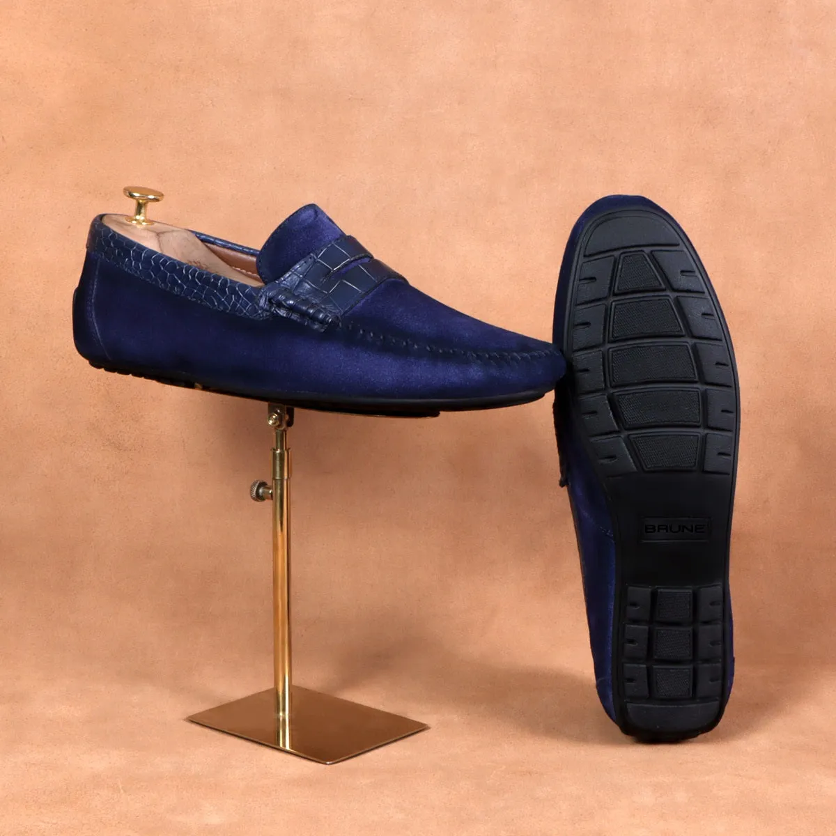 Suede Leather Loafers With Blue Croco Textured Leather Trim Topline