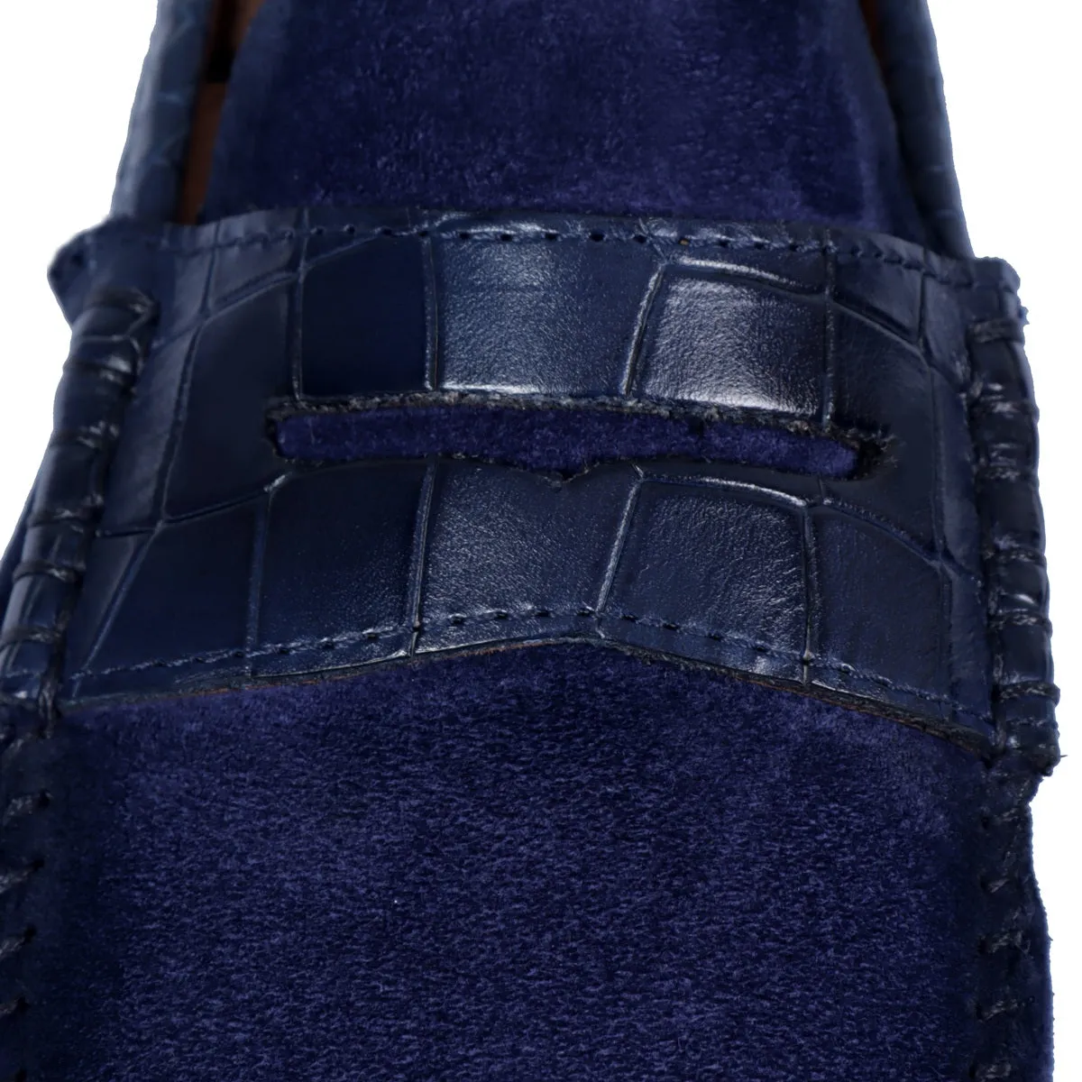 Suede Leather Loafers With Blue Croco Textured Leather Trim Topline