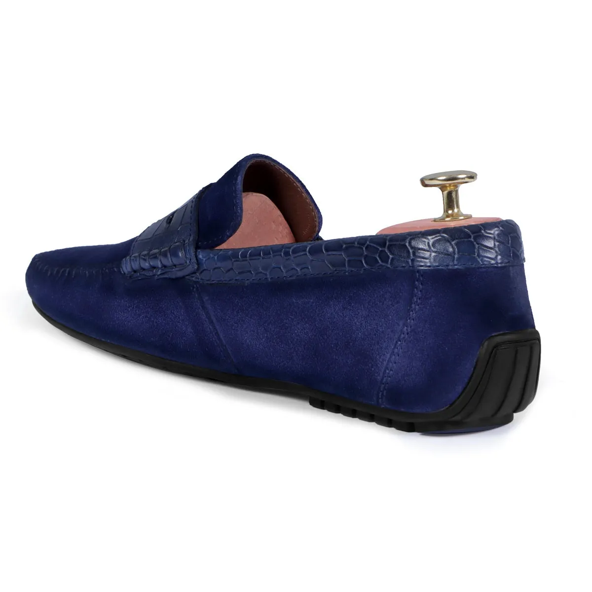 Suede Leather Loafers With Blue Croco Textured Leather Trim Topline