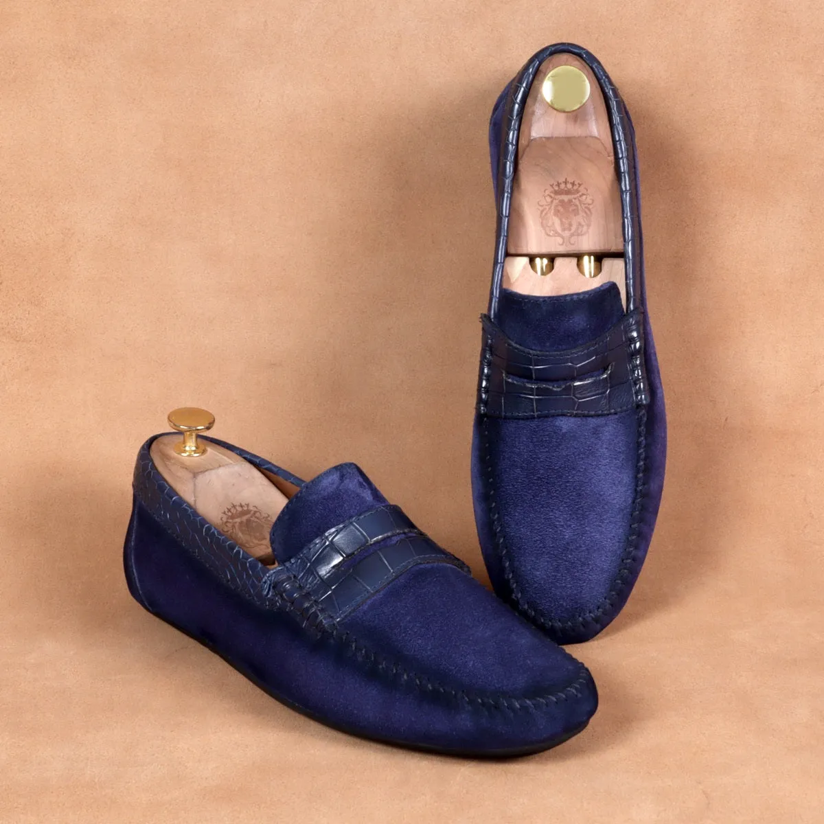 Suede Leather Loafers With Blue Croco Textured Leather Trim Topline