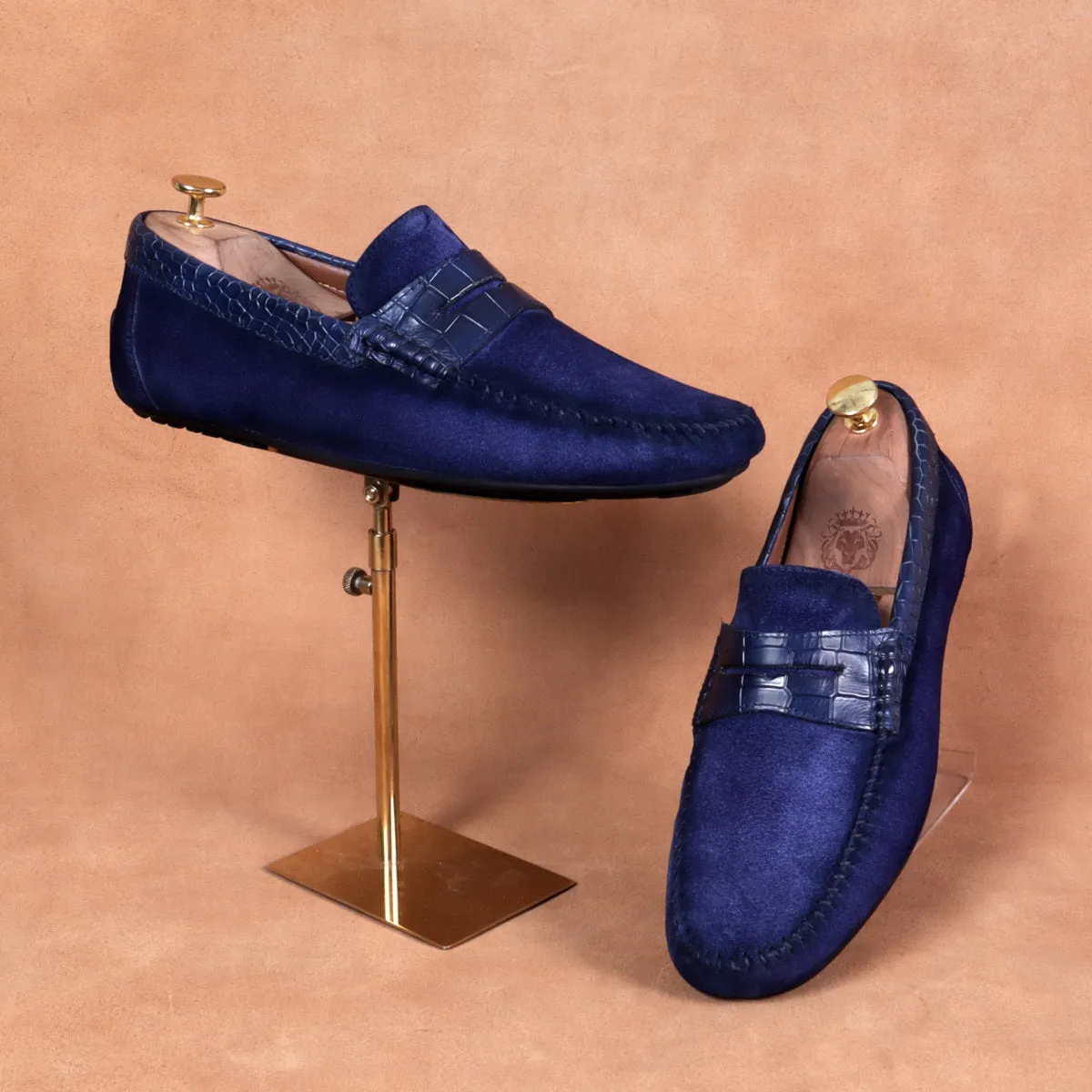 Suede Leather Loafers With Blue Croco Textured Leather Trim Topline