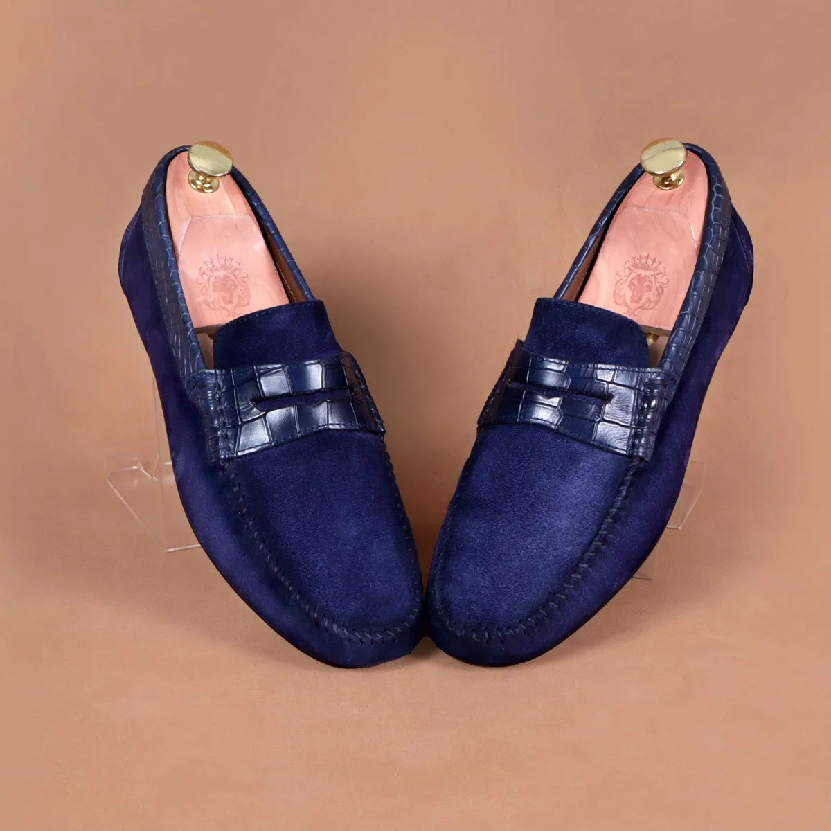 Suede Leather Loafers With Blue Croco Textured Leather Trim Topline