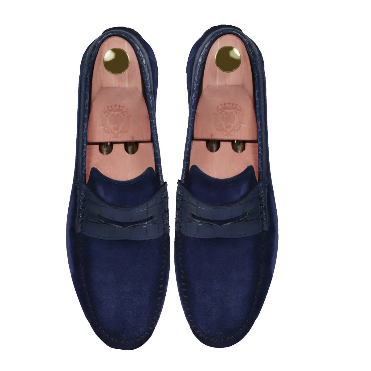 Suede Leather Loafers With Blue Croco Textured Leather Trim Topline