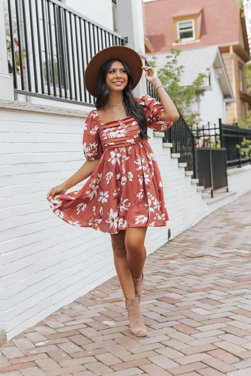 Terracotta Floral Print Pleated Mini Dress - FINAL SALE