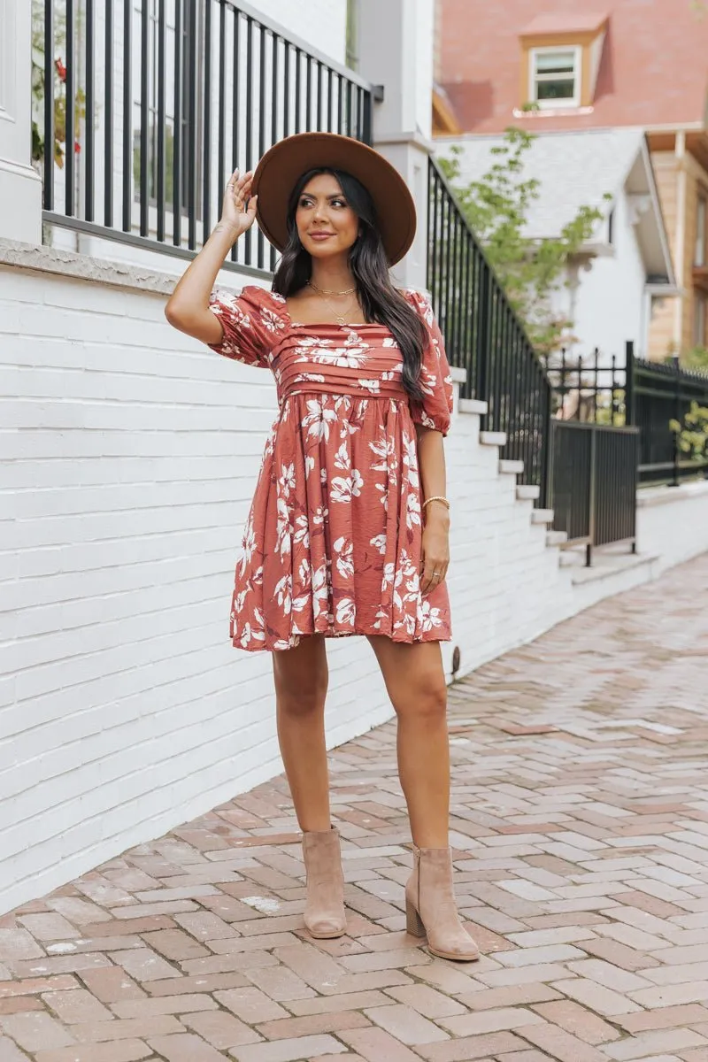 Terracotta Floral Print Pleated Mini Dress - FINAL SALE