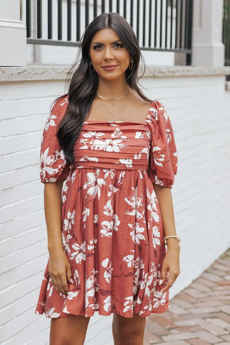 Terracotta Floral Print Pleated Mini Dress - FINAL SALE