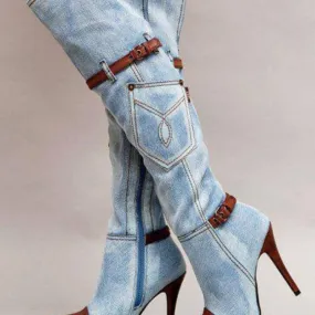 Thigh High Pointed Toe Denim Knee High Boots with Leather Accents