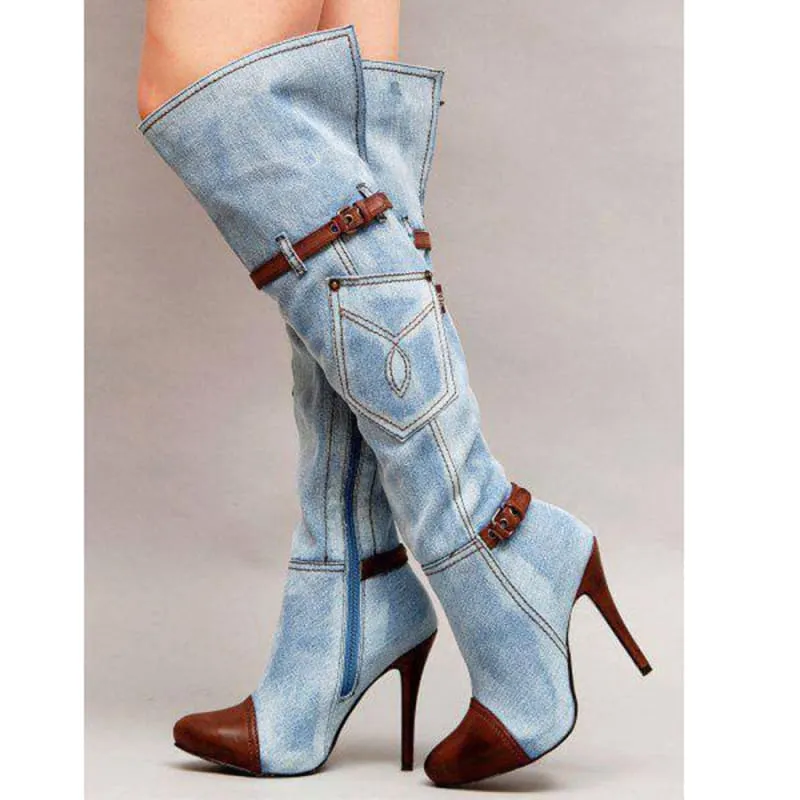 Thigh High Pointed Toe Denim Knee High Boots with Leather Accents