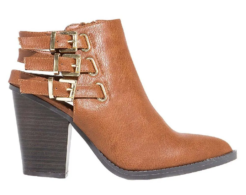 Whiskey Tan Strappy Buckle Vegan Faux Leather Ankle Women's Booties