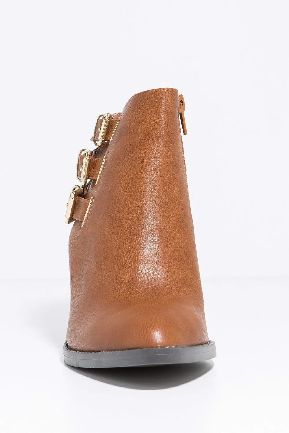 Whiskey Tan Strappy Buckle Vegan Faux Leather Ankle Women's Booties