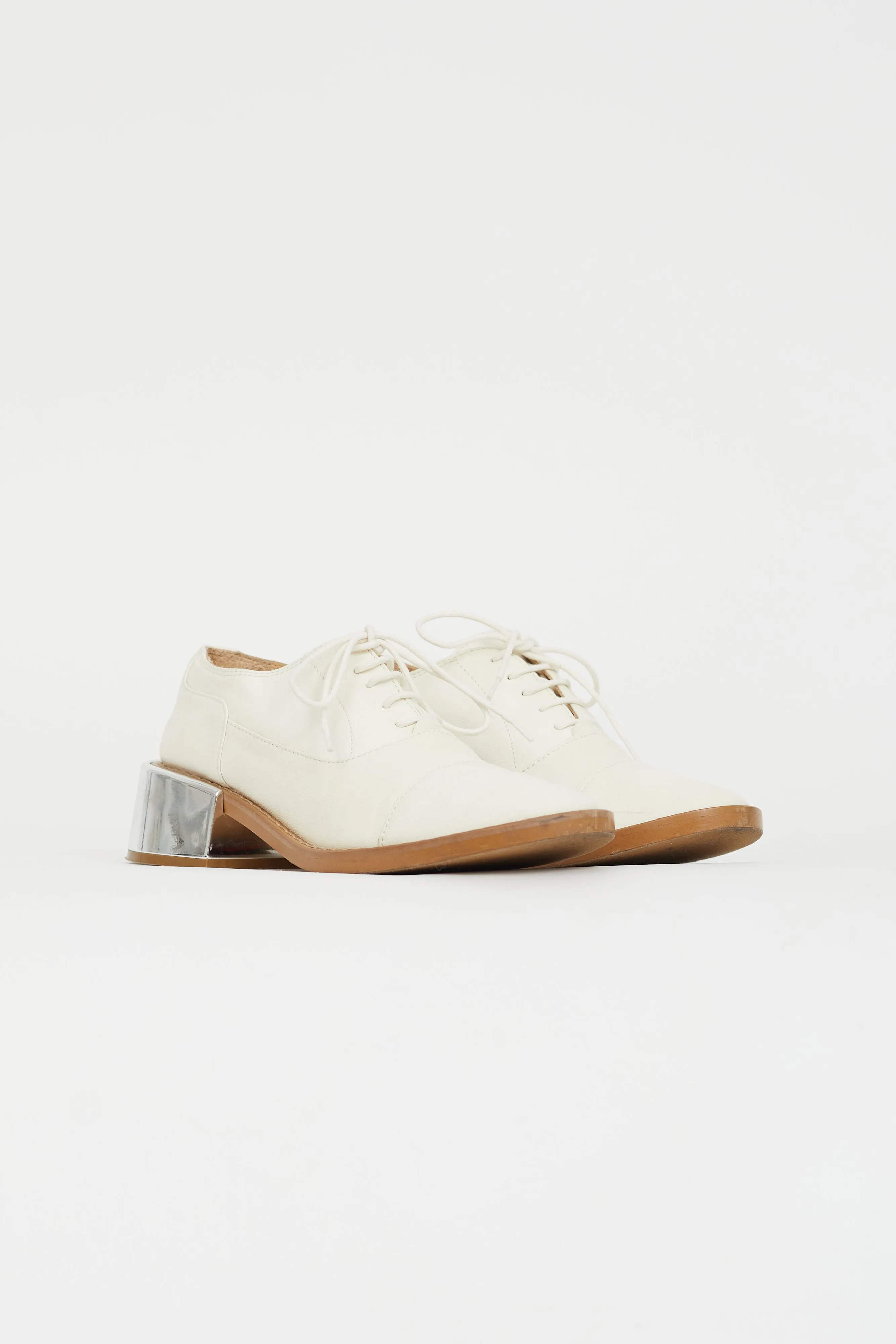 White Leather & Silver Block Heel Oxford