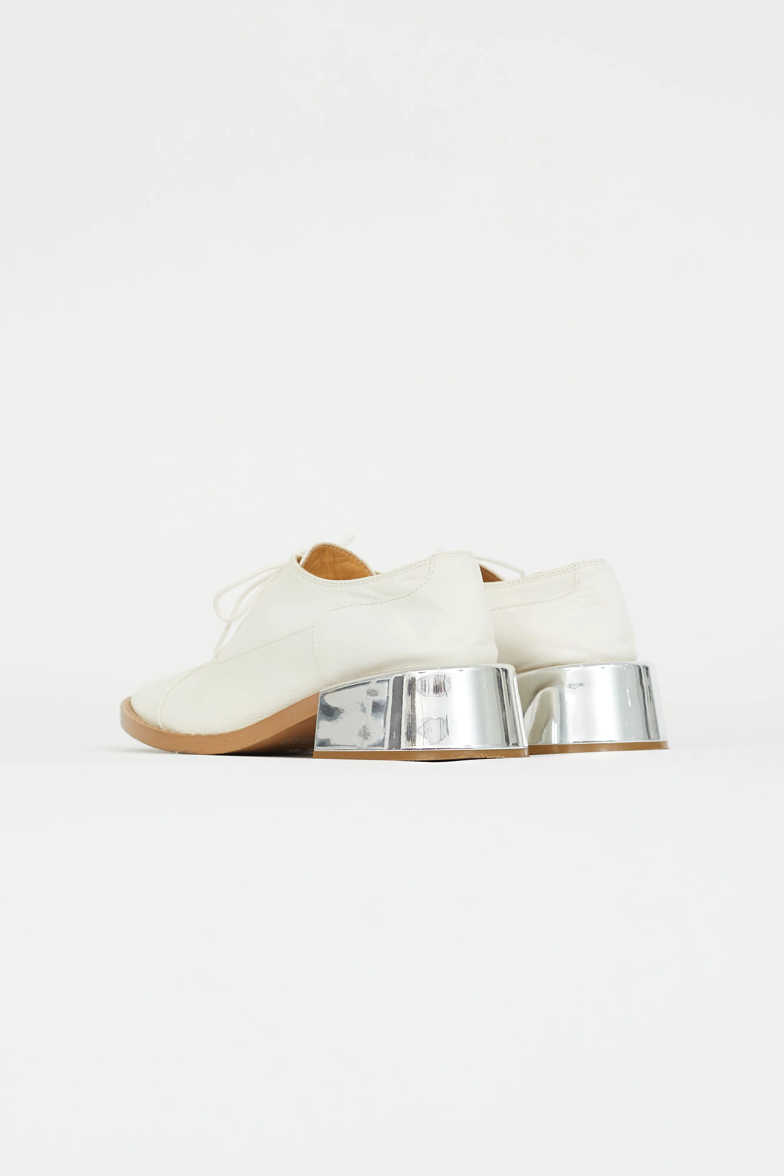 White Leather & Silver Block Heel Oxford