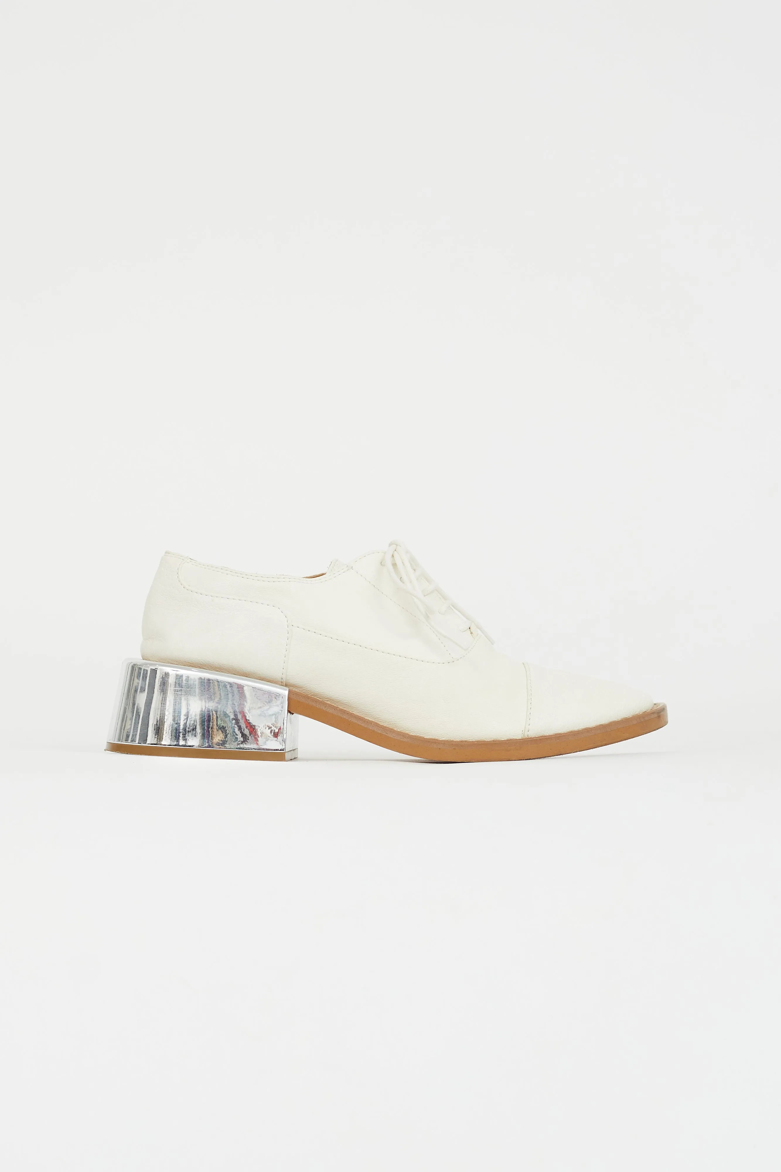 White Leather & Silver Block Heel Oxford