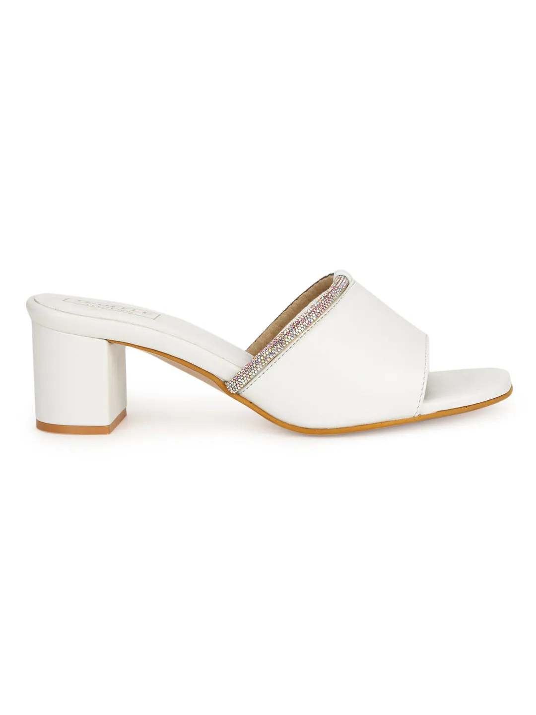 White PU Diamante Embellished Block Heel Mules (TC-SLC-N1117-WHT)