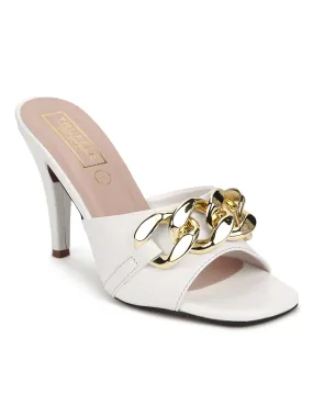 White PU Gold Chained Stiletto Mules