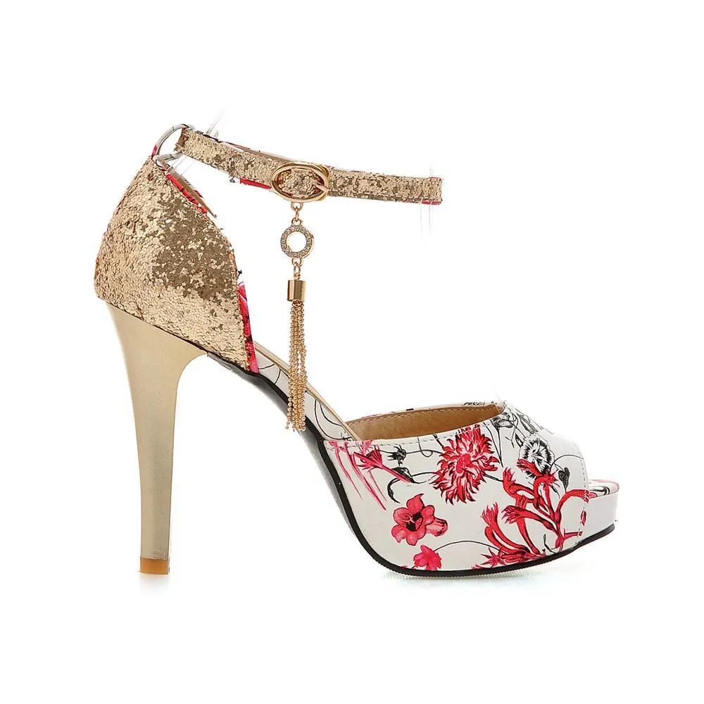 Women floral print peep toe sequin fringe stiletto high heels