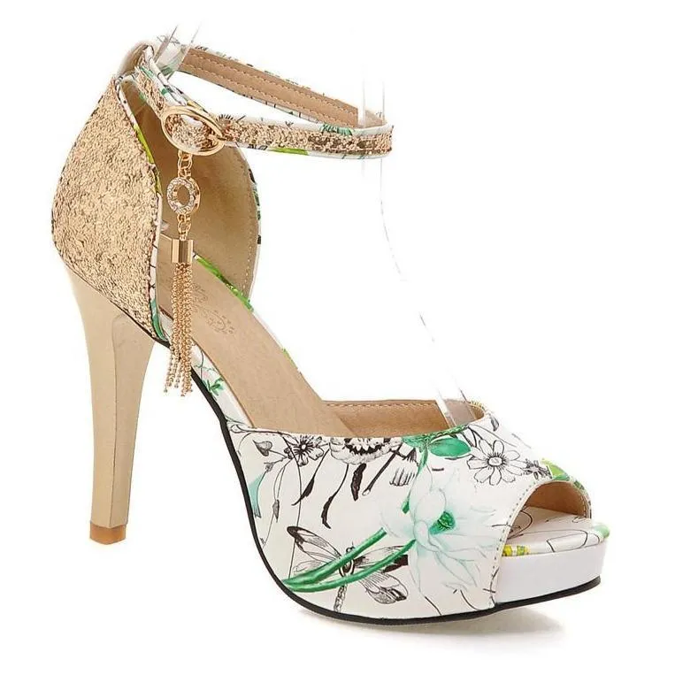 Women floral print peep toe sequin fringe stiletto high heels