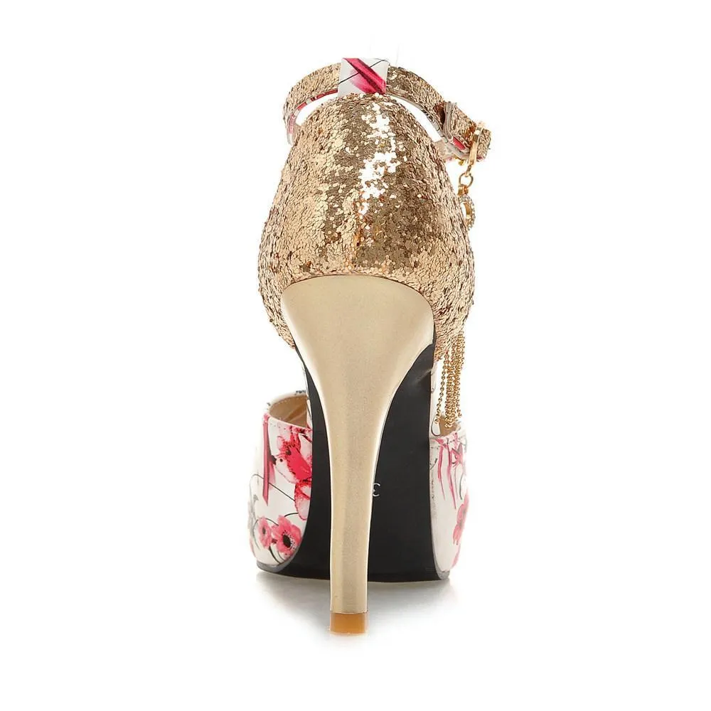 Women floral print peep toe sequin fringe stiletto high heels