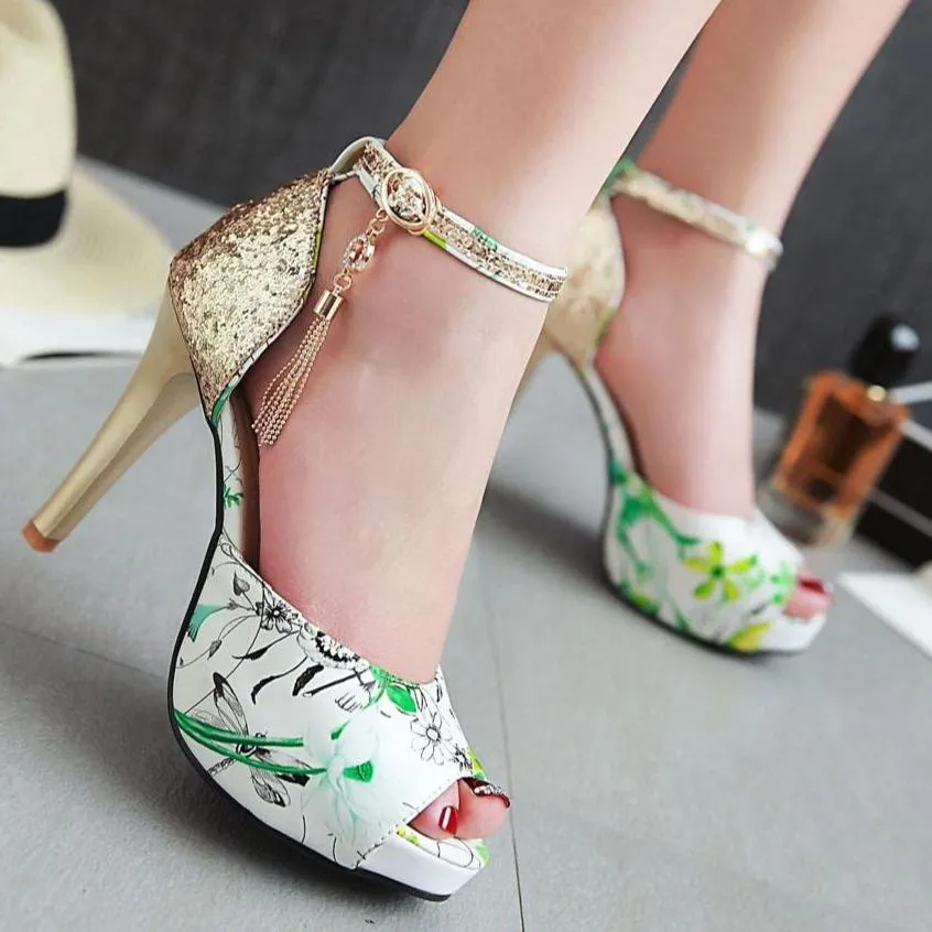 Women floral print peep toe sequin fringe stiletto high heels