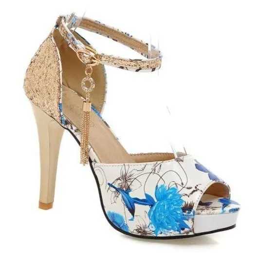 Women floral print peep toe sequin fringe stiletto high heels