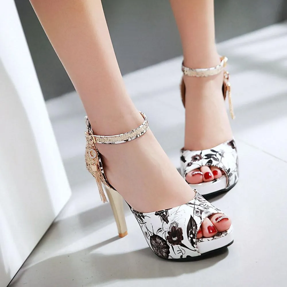 Women floral print peep toe sequin fringe stiletto high heels