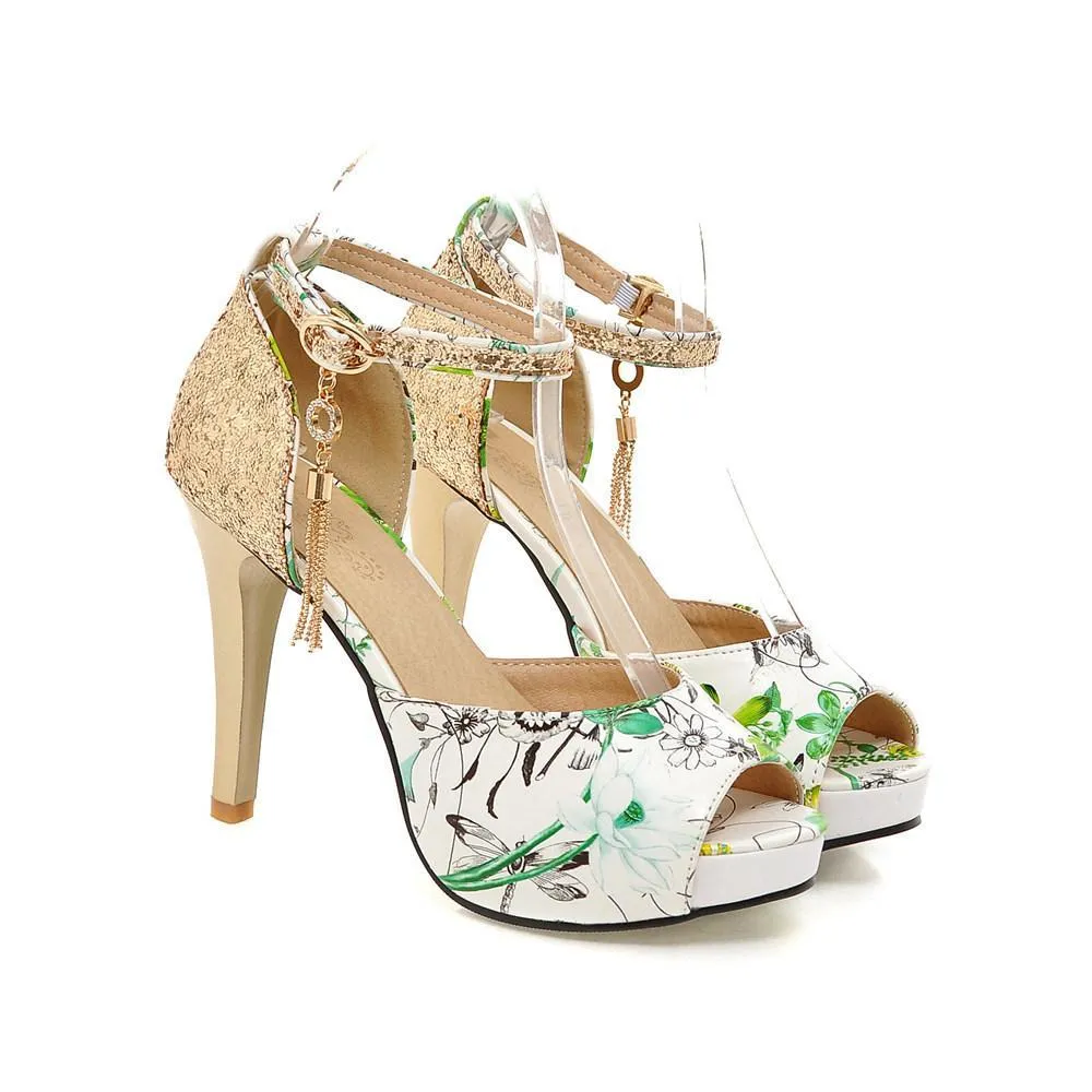 Women floral print peep toe sequin fringe stiletto high heels