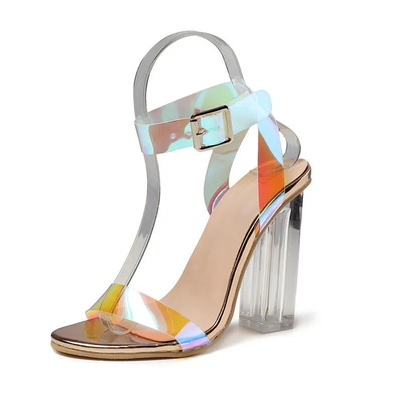 Women open toe colorful ankle strap square clear chunky heels