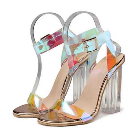 Women open toe colorful ankle strap square clear chunky heels