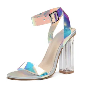 Women open toe colorful ankle strap square clear chunky heels