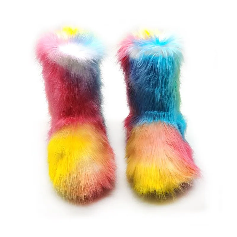 Women winter warm faux fur mid calf slip on snow boots