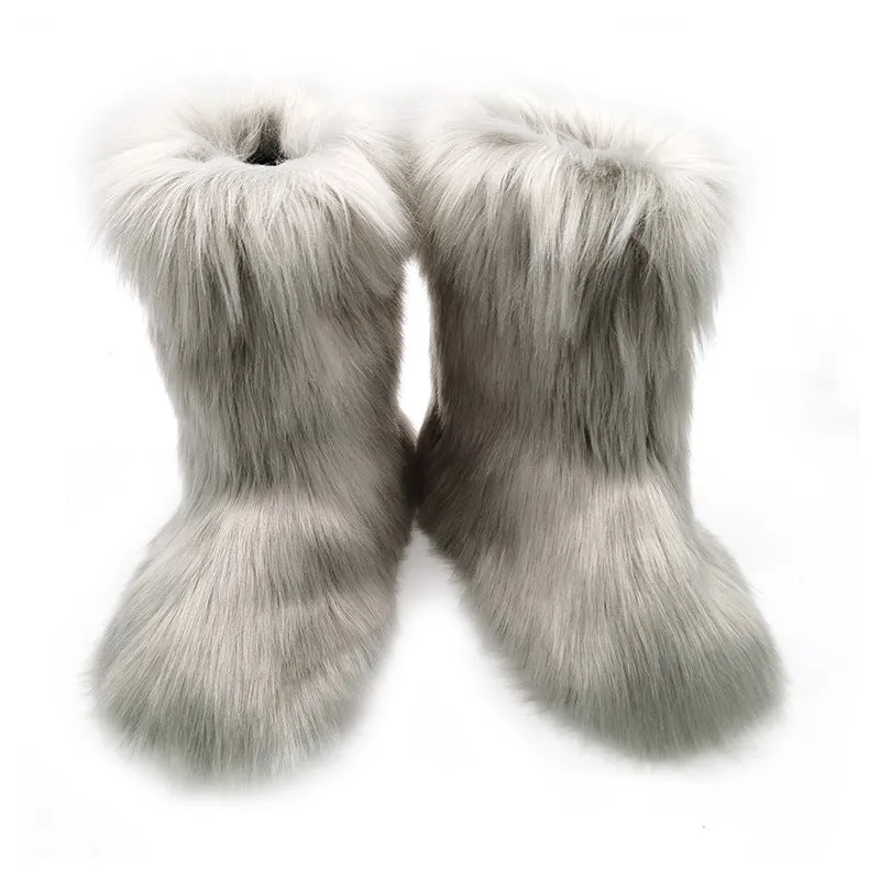 Women winter warm faux fur mid calf slip on snow boots